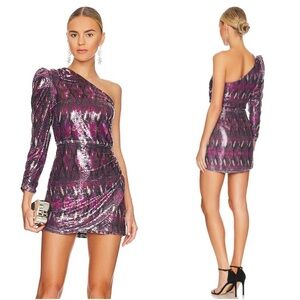 Misa Los Angeles Nova One Shoulder Sequin Mini Dress Small‎ Fuchsia Pink NWT